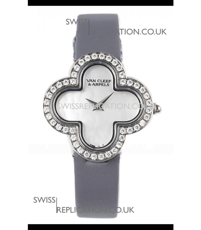 Van Cleef & Arpels Alhambra Stainless Steel Diamonds Bezel Grey Strap Watch 