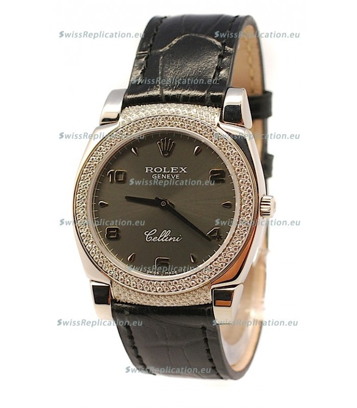 Rolex Cellini Cestello Ladies Swiss Watch in Matte Black Face Diamonds Bezel and Lugs