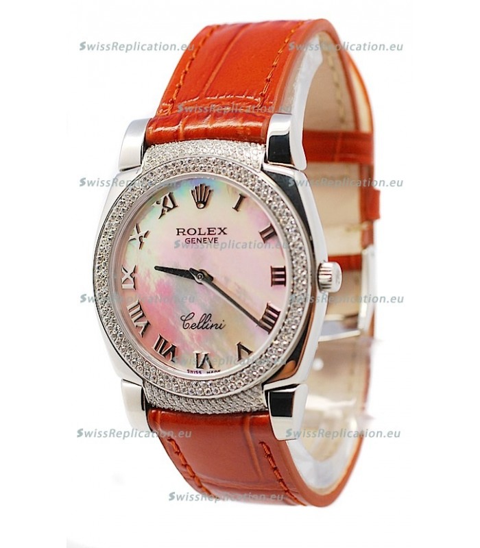 Rolex Cellini Cestello Ladies Swiss Watch White Pearl Roman Face Diamonds Bezel and Lugs
