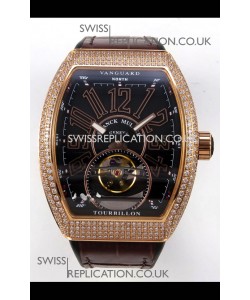 Franck Muller V45 Tourbillon Rose Gold Diamonds Brown Strap Super Clone Watch 