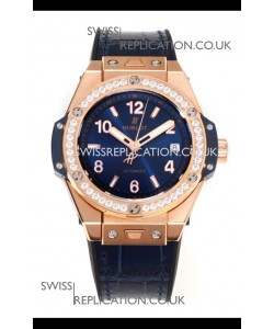 Hublot Big Bang One Click moissanite Bezel Rose Gold Super Clone Watch Blue Dial