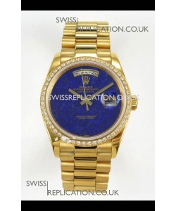 Rolex Day Date Yellow Gold Blue Lapis Dial Diamonds Bezel 36MM Swiss Replica