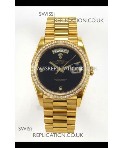 Rolex Day Date Yellow Gold Black Dial Diamonds Bezel 36MM Swiss Replica