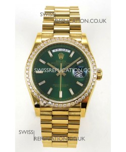 Rolex Day Date 128348 Yellow Gold Green Crystal Dial Diamonds Bezel Super Clone Watch 