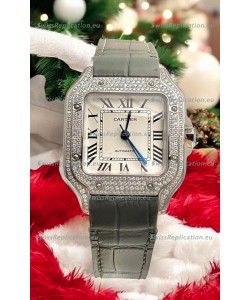 Santos De Cartier Watch in White Dial 39.50MM MOSSANITES Paved Bezel Swiss Replica Watch