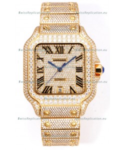 Cartier "Santos De Cartier" Yellow Gold W/ Diamonds Roman Dial 1:1 Mirror Replica - 40MM - Genuine Diamonds