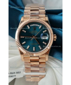 Rolex Day Date Super Clone Rose Gold Blue Dial Crystal Numerals Watch 36MM - 1:1 Mirror Quality