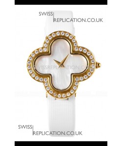 Van Cleef & Arpels Alhambra Yellow Gold Diamonds Bezel Pearl Dial Watch 