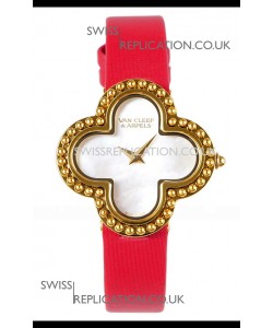 Van Cleef & Arpels Alhambra Yellow Gold Red Strap Watch 
