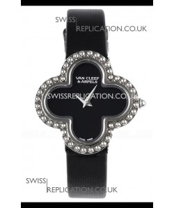 Van Cleef & Arpels Alhambra Stainless Steel Black Strap Watch 