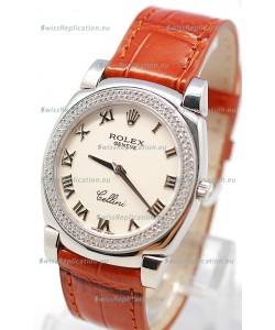 Rolex Cellini Cestello Ladies Swiss Watch White Roman Face Diamonds Bezel