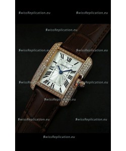 Cartier Louis Japanese Replica Ladies Rose Gold Diamond Watch in Brown Strap