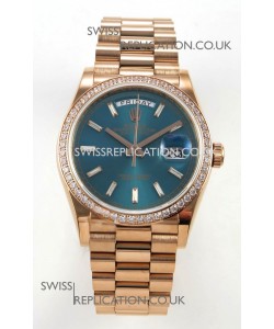 Rolex Day Date 128345 Rose Gold Green Crystal Dial Diamonds Bezel Super Clone Watch 