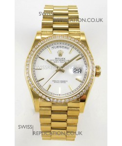 Rolex Day Date 128348 Yellow Gold White Dial Diamonds Bezel Super Clone Watch 