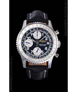 Breitling Navitimer Chronograph 41MM Swiss Replica Watch in 904L Steel Casing - Black Leather Strap