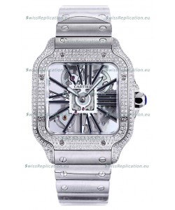 Santos De Cartier Watch in Skeleton Dial - Diamonds Bezel in Steel Casing Swiss Replica