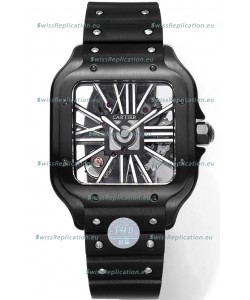 Santos De Cartier Watch in Skeleton Dial - DLC Coated Casing & Bezel in Rubber Strap