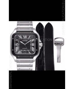 Cartier "Santos De Cartier" Mens XL 1:1 Mirror Replica Watch in Stainless Steel Casing - Black Bezel