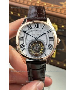 Drive De Cartier Rose Gold Tourbillon Super clone Replica Watch in White Dial 