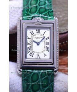 Cartier Tank Reversible Swiss Quartz Replica Watch in Steel Casing - Green Strap