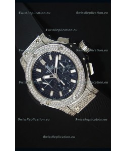 Hublot Big Bang Carbon Dial Diamonds Studded Stainless Steel Swiss Watch 