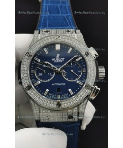 Hublot Classic Fusion Chronograph Steel Diamonds Casing Blue Dial 1:1 Mirror Replica Watch 