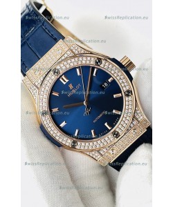 Hublot Classic Fusion Diamonds Rose Gold Steel Blue Dial Swiss Replica Watch 1:1 Mirror Quality 