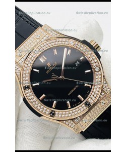 Hublot Classic Fusion Diamonds Rose Gold Black Dial Swiss Replica Watch 1:1 Mirror Quality 