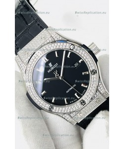 Hublot Classic Fusion Stainless Steel Diamonds Black Dial Swiss Replica Watch 1:1 Mirror Quality 