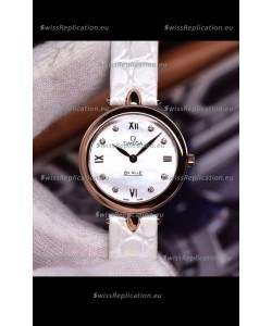 Omega De Ville Prestige Dewdrop Edition Swiss Quartz Watch in Rose Gold White Strap