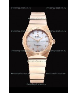 Omega Constellation Ladies Swiss Quartz 1:1 Mirror Replica - Rose Gold Casing White Pearl Dial