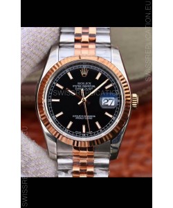 Rolex Datejust 36MM Cal.3135 Movement Swiss Replica Watch in 904L Steel Two Tone Casing Black Dial