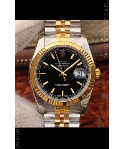Rolex Datejust 36MM Cal.3135 Movement Swiss Replica Watch in 904L Steel Two Tone Casing Black Dial