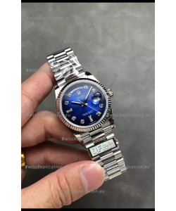 Rolex Day Date Super Clone Stainless Steel Blue Dial Diamonds Numerals Watch 36MM - 1:1 Mirror Quality