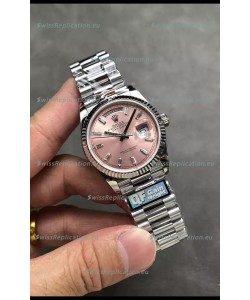 Rolex Day Date Super Clone Stainless Steel Pink Dial Crystal Numerals Watch 36MM - 1:1 Mirror Quality