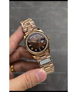 Rolex Day Date Super Clone Rose Gold Brown Dial Diamonds Numerals Watch 36MM - 1:1 Mirror Quality