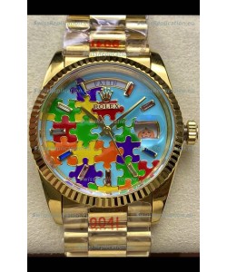 Rolex Day Date Emoji Jig-Saw Puzzle Yellow Gold Casing Swiss Replica Watch 