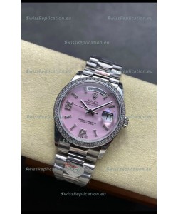 Rolex Day Date Super Clone Stainless Steel Pink Dial Diamonds Numerals Watch 36MM - 1:1 Mirror Quality