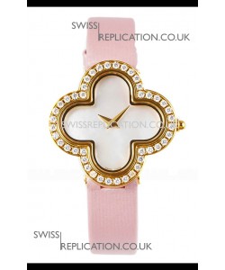Van Cleef & Arpels Alhambra Yellow Gold Diamonds Bezel Pink Strap Watch 