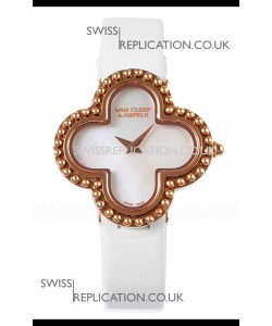 Van Cleef & Arpels Alhambra Rose Gold White Strap Watch 