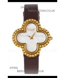 Van Cleef & Arpels Alhambra Yellow Gold Brown Strap Watch 