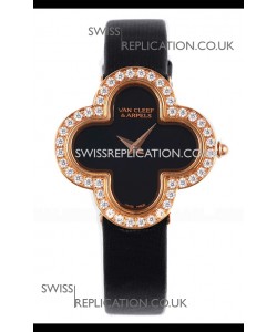 Van Cleef & Arpels Alhambra Rose Gold Diamonds Bezel Black Strap Watch 