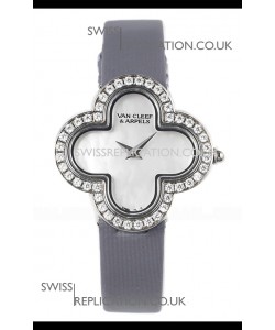 Van Cleef & Arpels Alhambra Stainless Steel Diamonds Bezel Grey Strap Watch 