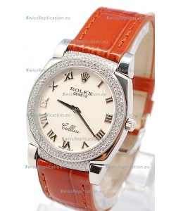 Rolex Cellini Cestello Ladies Swiss Watch Roman White Face Diamonds Bezel and Lugs