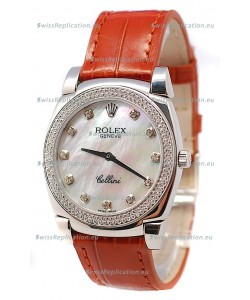 Rolex Cellini Cestello Ladies Swiss Watch in White Pearl Face Diamonds Bezel and Hours Markers